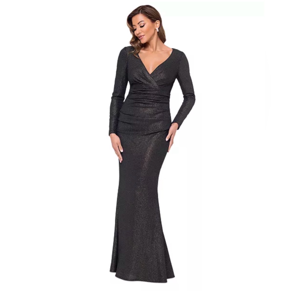 Xscape Women's Ruched Foil-Knit Long-Sleeve Formal Gown Black/Gold 10 New